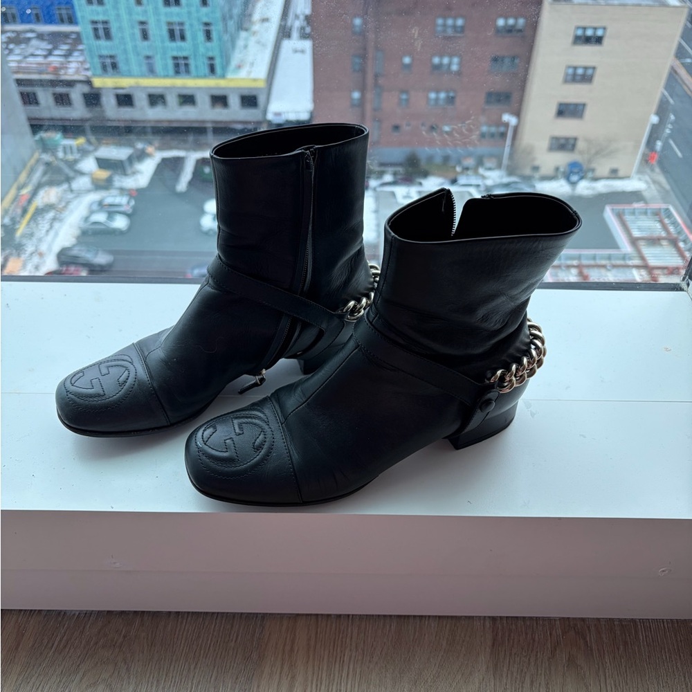 Gucci Black Leather Ankle Boots with Detachable Chain Harness